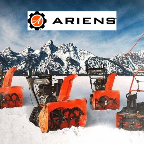 Five orange Ariens snow blowers on snow with majestic mountain range in the background. The Ariens logo is displayed in the top center. Crisp and powerful scene.