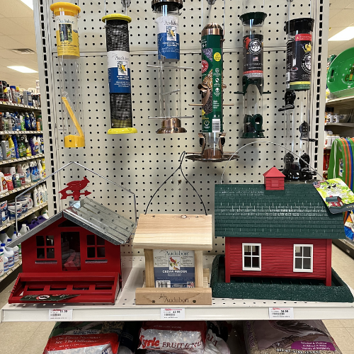 Store display of bird feeders, including red barn and green-roofed styles. Hanging tube feeders above. Shelves with pet supplies in the background.
